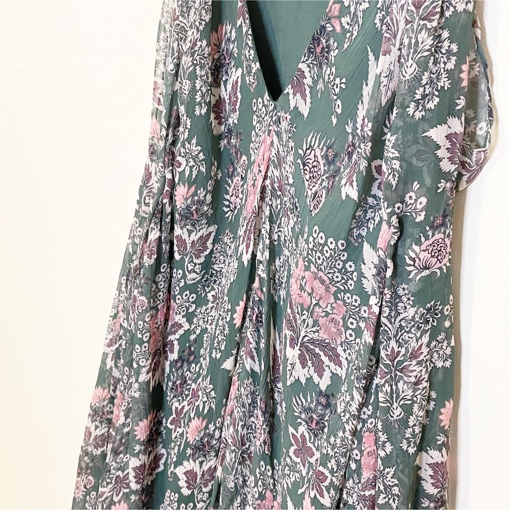 Anthropologie Let Me Be Green Pink Floral V Neck Ruffle Hem Swing Mini Dress S - Picture 4 of 12